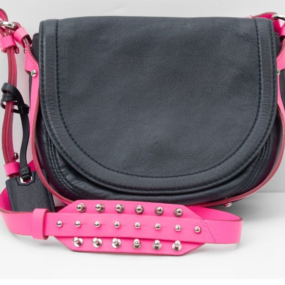 McQ Alexander McQueen Amwell Mini Saddle Bag Leather Purse Navy Blue Neon Pink